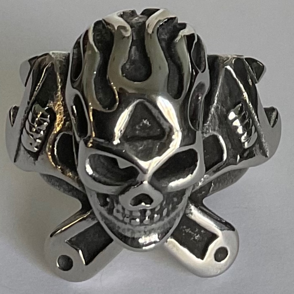 Stainless Steel Gothic Style Skull/w Wrenches Ring